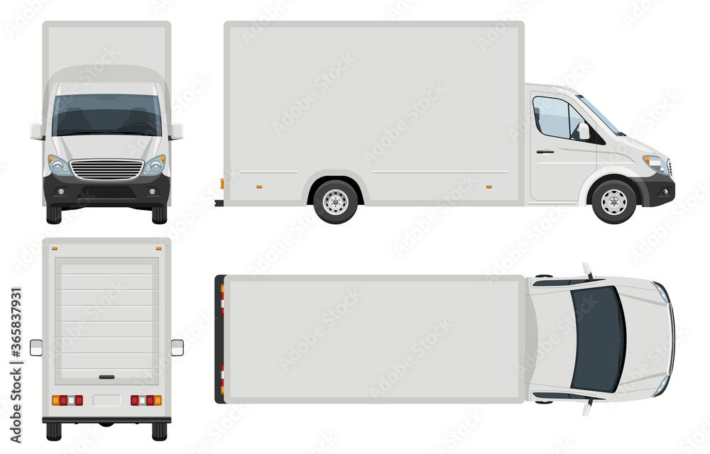 Van vector template with simple colors without gradients and effects. View from side, front, back, and top - obrazy, fototapety, plakaty 