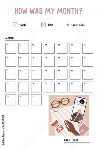 Vector mood tracker for the month with flat illustration on the topic of mental health. Online session with a psychotherapist. Mood tracker to monitor mental health and to develop useful habits. 