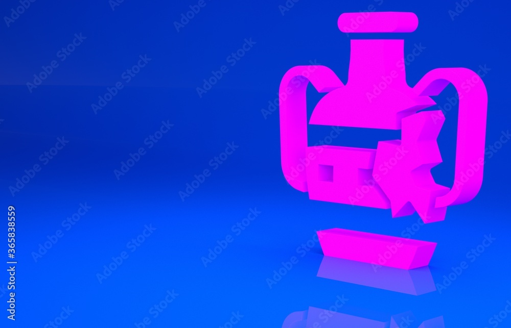 Pink Broken ancient amphorae icon isolated on blue background. Minimalism concept. 3d illustration. 3D render.. Pink Broken ancient amphorae icon isolated on blue background. Minimalism concept. 3d illustration. 3D render..