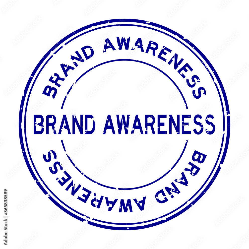 Grunge blue brand awareness word round rubber seal stamp on white background