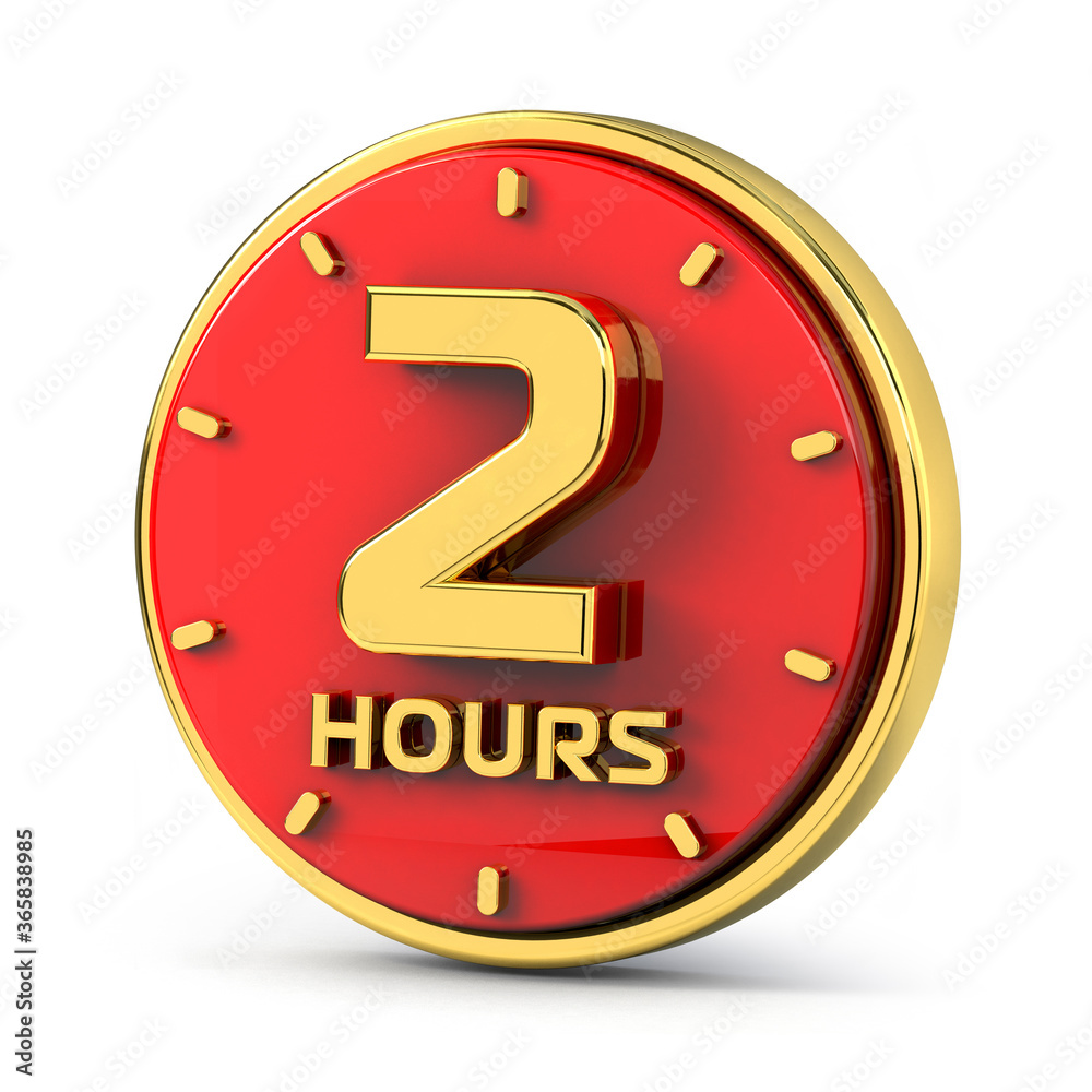 Fototapeta premium Golden 2 hours on red background. 2 hrs gold. 3d illustration.