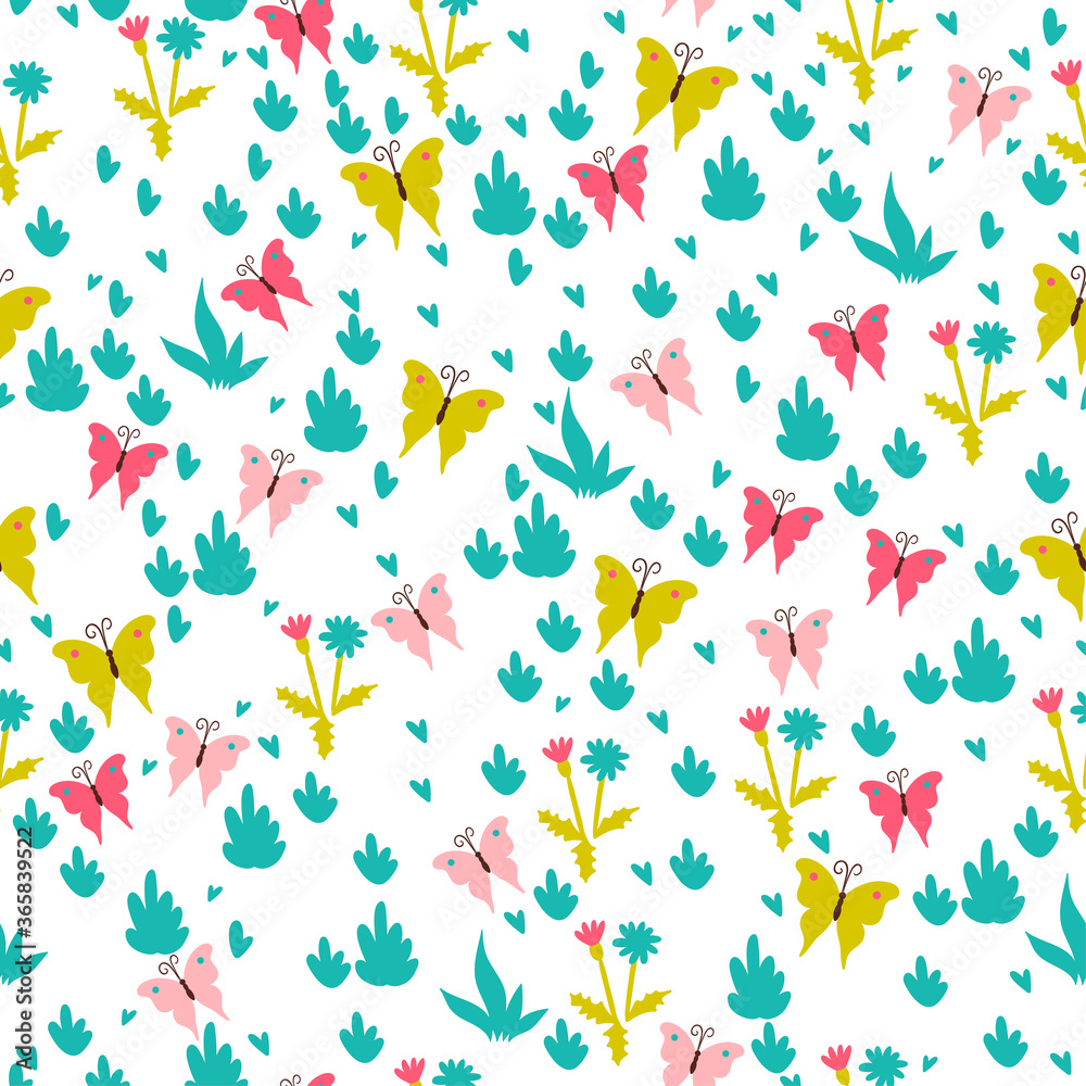 Simple seamless pattern with butterflies fluttering in the meadow. Vector graphics