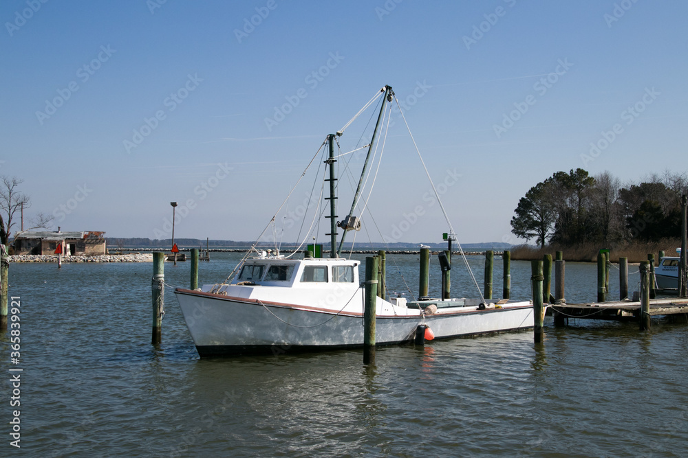 A crabbing boat rigged and ready for the season in St. Georges Island, Maryland
