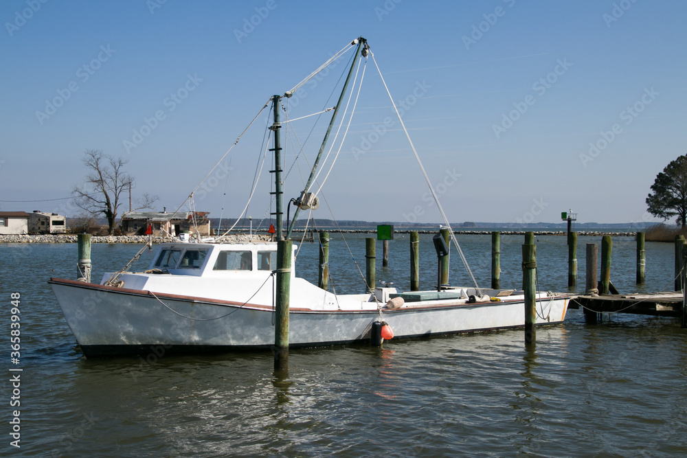 A rigged and ready crab boat located in St. Georges Island, Maryland.