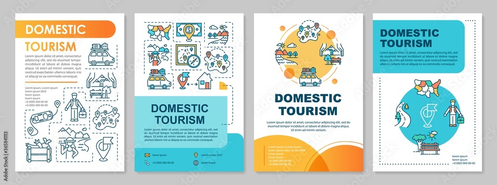 Domestic tourism brochure template. Ecotourism and leisure time. Flyer, booklet, leaflet print, cover design with linear icons. Vector layouts for magazines, annual reports, advertising posters - obrazy, fototapety, plakaty 