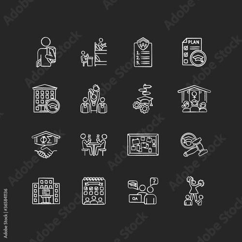 Campus life chalk white icons set on black background. University and college. Freshman. Student life and activities. Cheerleading and sports team. Isolated vector chalkboard illustrations