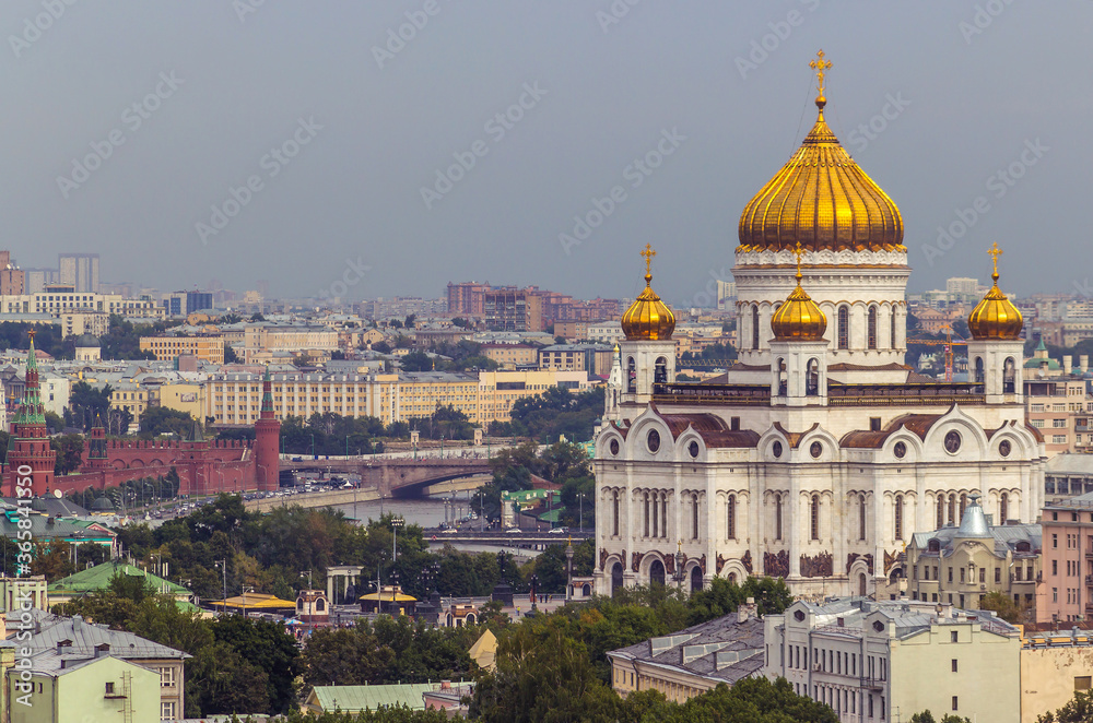 Telephoto cityscape of Moscow, capital of Russia, view from the rooftop, Christ the Savior Cathedral and Kremlin