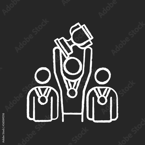 Sports team chalk white icon on black background. Winning trophy in competition. University tournaments. College football, basketball players. Competition. Isolated vector chalkboard illustration