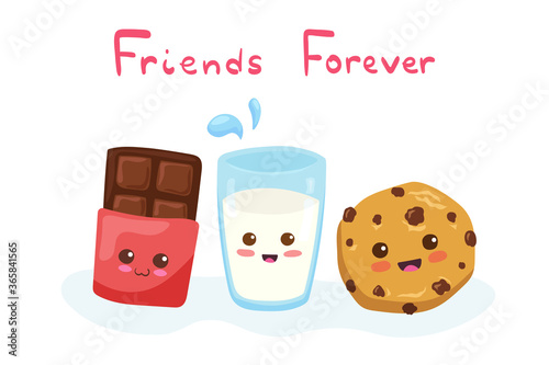 Kawaii vector illustration with Glass of Milk, Chocolate & Cookie. Cute funny happy food characters with lettering Friends Forever. Breakfast concept design for card, poster, stickers, t-shirt print.