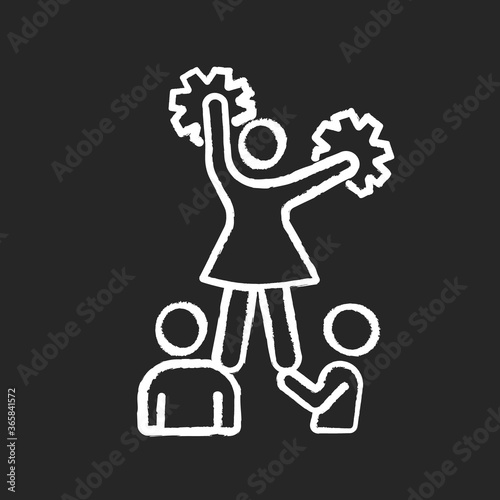 Cheerleading chalk white icon on black background. Cheerleaders doing stunts. University life and activities. Sport teams encouragement and motivation. Isolated vector chalkboard illustration