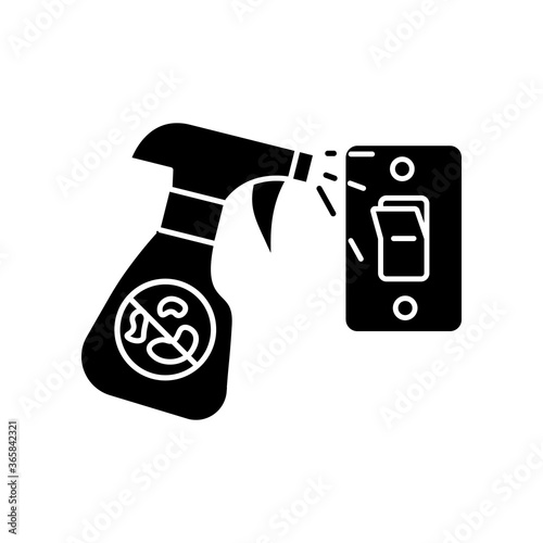 Light switches disinfection black glyph icon. Surface cleaning, room sanitation silhouette symbol on white space. Light switch and antibacterial disinfectant spray bottle vector isolated illustration