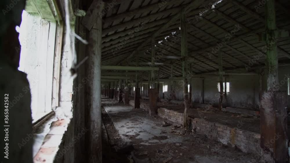 large dark inner premises of abandoned cowshed with rope hanging in window hole waved by wind and sunlight outside slow motion large dark inner premises of abandoned cowshed with rope hanging in window hole waved by wind and sunlight outside slow motion