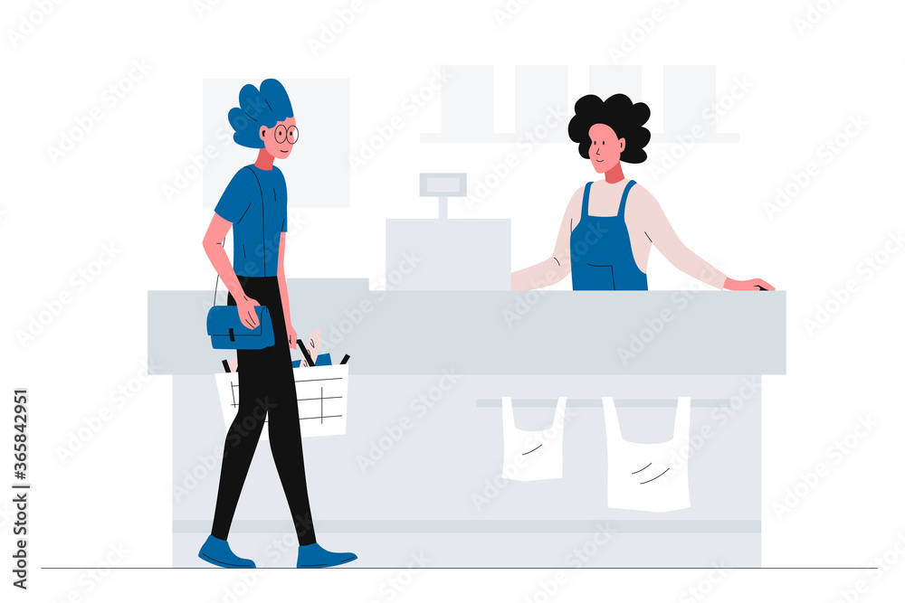 Girl with a shopping cart coming to the checkout in the supermarket. Smiling cashier waiting for the buyer in a supermarket. Vector concept illustration of self-service store interior with customer Girl with a shopping cart coming to the checkout in the supermarket. Smiling cashier waiting for the buyer in a supermarket. Vector concept illustration of self-service store interior with customer
