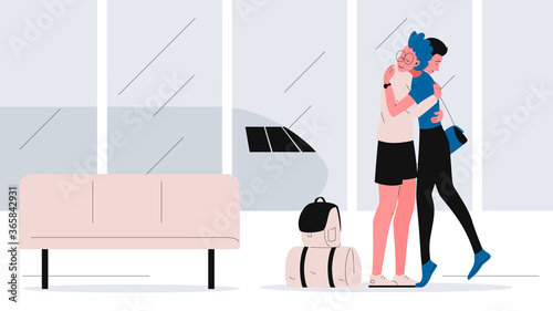 Young man meets and hugs a girl at the airport. The couple meeting other after a long separation. Vector concept illustration of an airport interior with the girl returning from a trip with suitcases