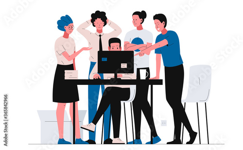 Teamwork office concept illustration. Group of people in the office gathered near the table, looking at the computer screen and discussing the details of the project. Designer working at the computer