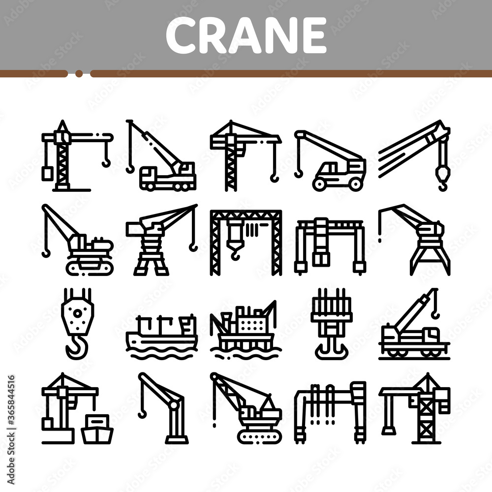 Fototapeta Crane Building Machine Collection Icons Set Vector. Crane Port Construction For Unloading Ship And Tower For Build House, Lifting Weight Concept Linear Pictograms. Contour Illustrations