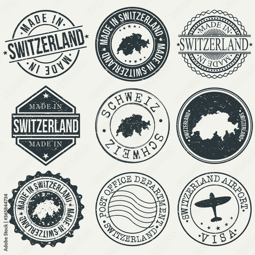 Switzerland Set of Stamps. Travel Stamp. Made In Product. Design Seals Old Style Insignia.