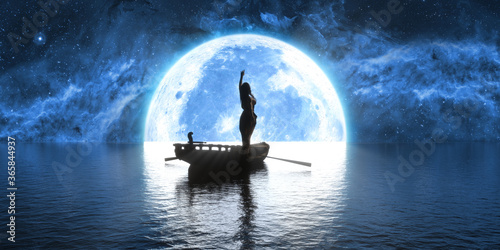 woman dancing in a boat on the background of the moon