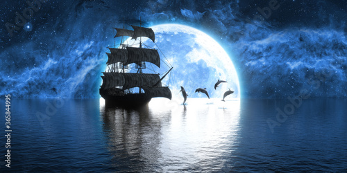 ship and a flock of frolicking dolphins against the background of a large full moon