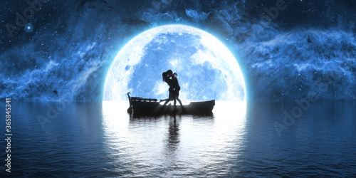 man and woman kissing in a boat against the background of a large full moon