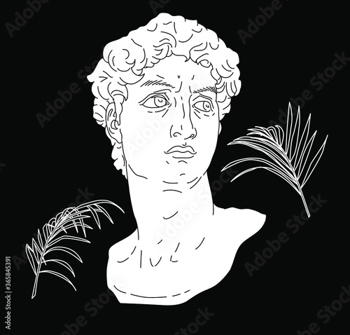 Vector line art illustration of Michelangelo's David head sculpture. Trendy fashion print for t-shirt in Vaporwave style.