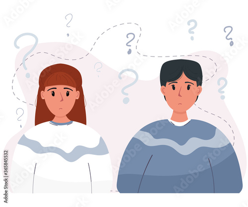 Young troubled couple thinking together. Man and woman have a question. Confused of people with question marks. Vector stock illustration isolated on light background.  