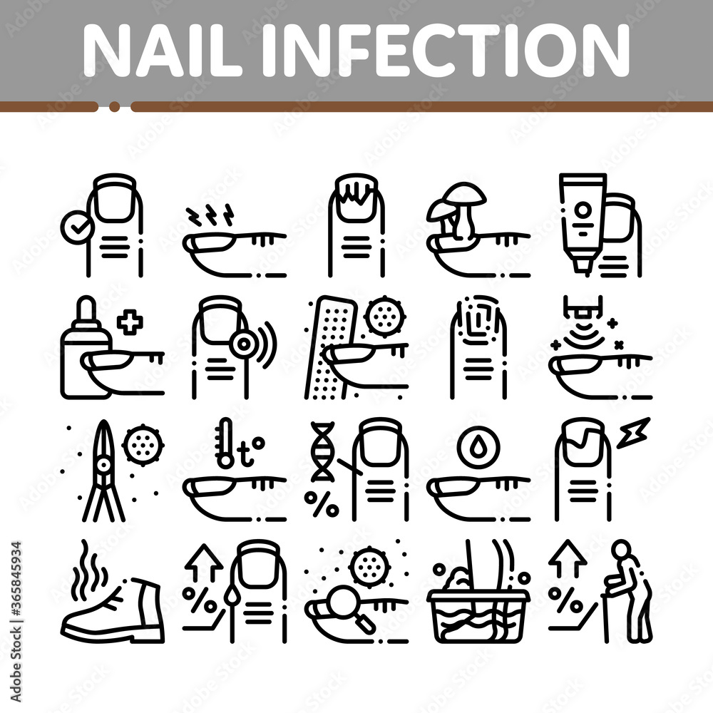 Nail Infection Disease Collection Icons Set Vector. Nail Infection And