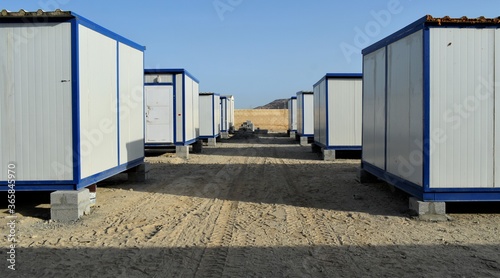 Portacabin, porta cabin, temporary labours camp , Mobile building in industrial site or office container Portable house and office cabins. Labor Camp. Porta cabin. small temporary houses