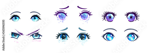 Colorful beautiful eyes in anime, manga style with shiny light reflections. Bright vector illustration isolated. Emotions, expression of sadness. Pastel goth colors. Japanese kawaii cartoon.
