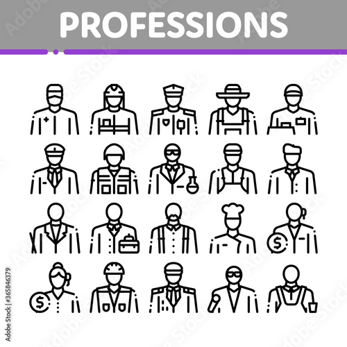 Professions People Collection Icons Set Vector. Policeman And Farmer, Fireman And Soldier, Businessman And Businesswoman, Barber And Builder Concept Linear Pictograms. Contour Illustrations