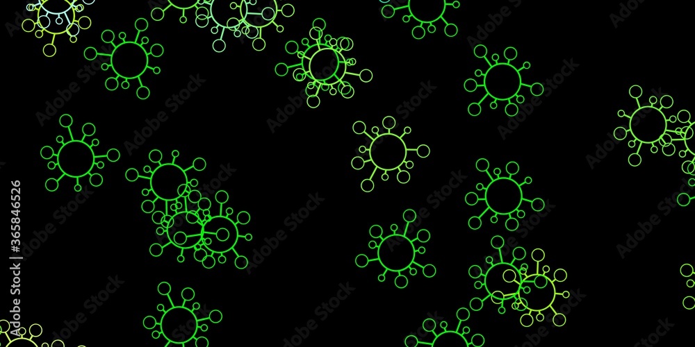 Dark green, yellow vector background with covid-19 symbols. Dark green, yellow vector background with covid-19 symbols.