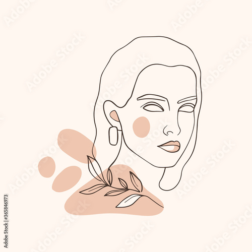 Portrait of a woman and a plant decor. Stylish woman, makeup, hairstyle, accessories. Abstract one line drawing, simple shapes, silhouette. Vector illustration for spa salon, beauty industry, blog.