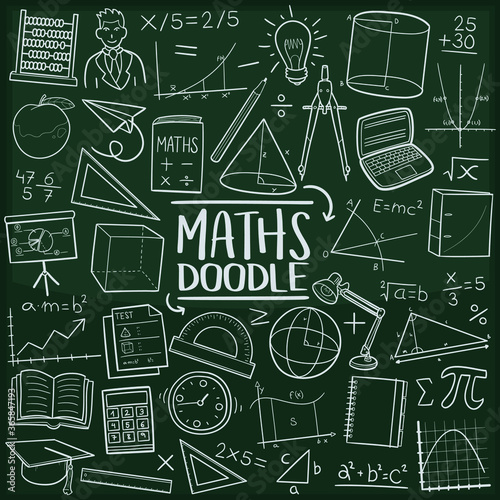 Mathematics School Subject. Traditional Doodle Icons. Sketch Hand Made Design Vector Art.
