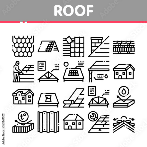 Roof Housetop Material Collection Icons Set Vector. House Roof Waterproof And Temperature Heat Resistant Construction, Repair And Installation Concept Linear Pictograms. Contour Illustrations