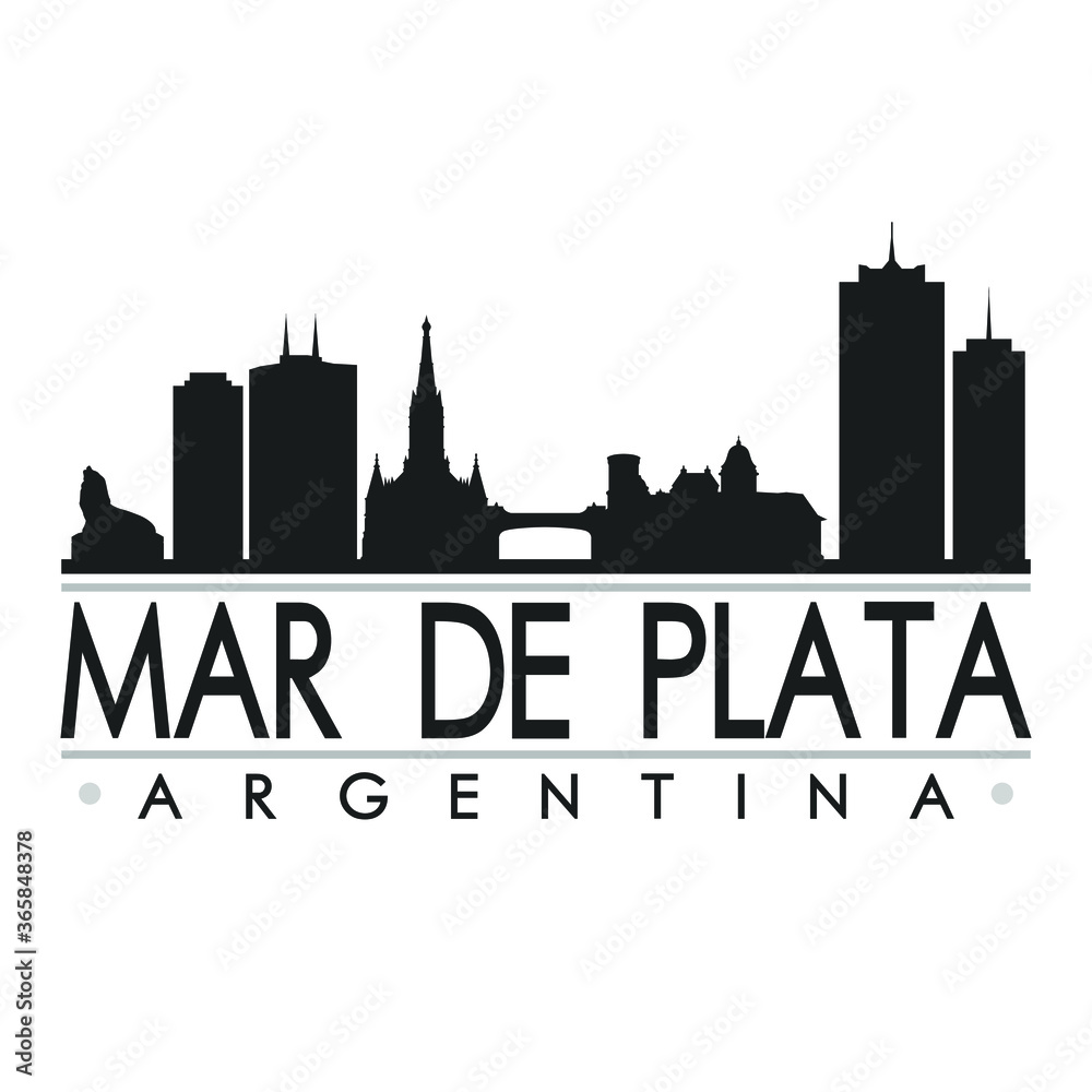 Mar de Plata Argentina Skyline Silhouette Design City Vector Art Famous Buildings.