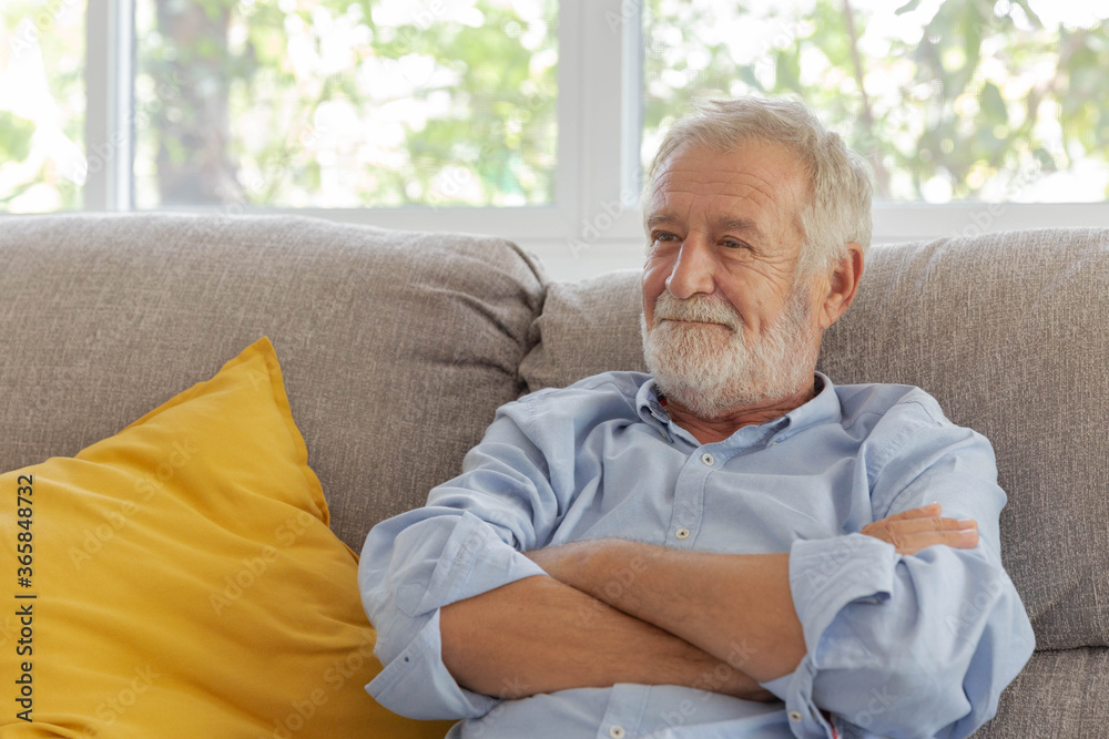 Happy senior retirement old man smiling while sitting at the sofa in his home Happy senior retirement old man smiling while sitting at the sofa in his home