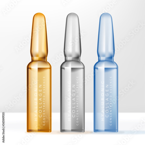 Vector Ampoules Bottle Container for Beauty or Skincare Product. Clear, Blue & Yellow.