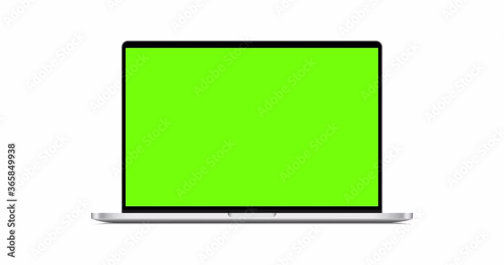 Laptop mockup with green screen, front view, isolated on white background. 4K animation with camera track motion