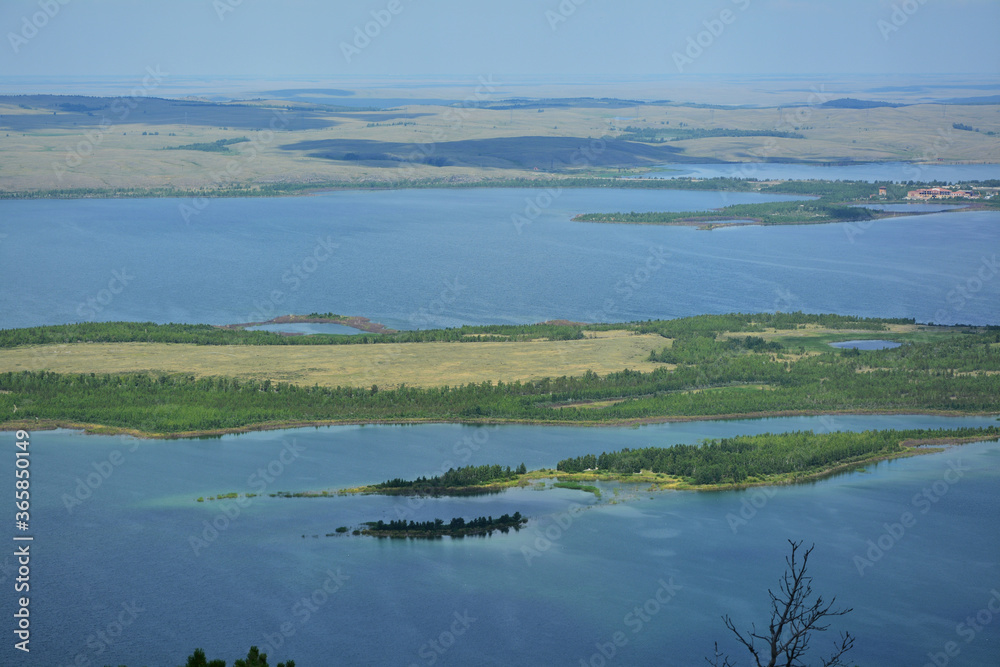 view of the lakes in the steppe from the top of the mountain