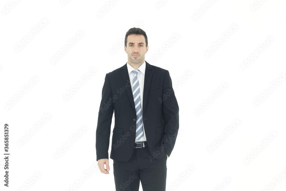 Handsome and smart businessman in black suit isolated on white background. Business and Finance concept. Copy Space Handsome and smart businessman in black suit isolated on white background. Business and Finance concept. Copy Space
