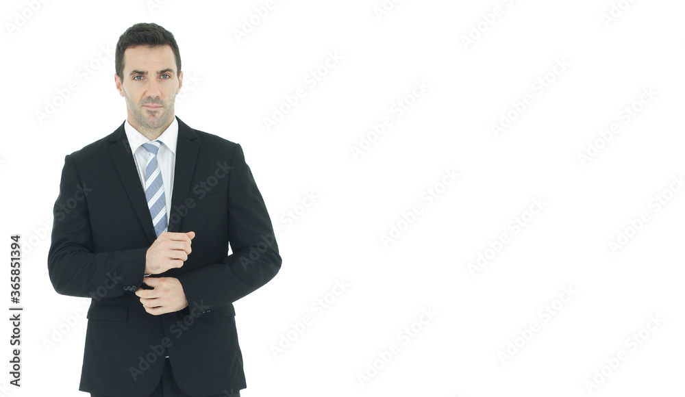 Handsome and smart businessman in black suit isolated on white background. Copy Space Handsome and smart businessman in black suit isolated on white background. Copy Space
