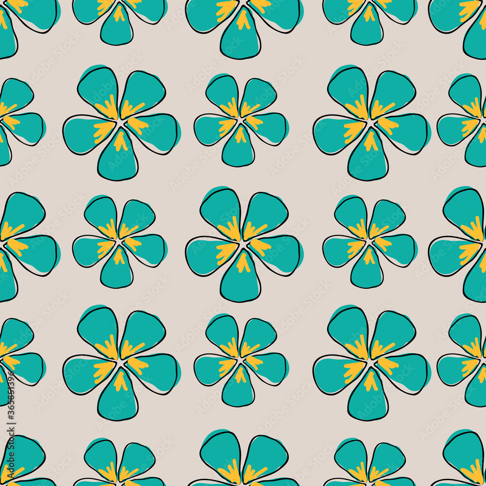Rows of Flowers blue teal background seamless repeat vector pattern surface design