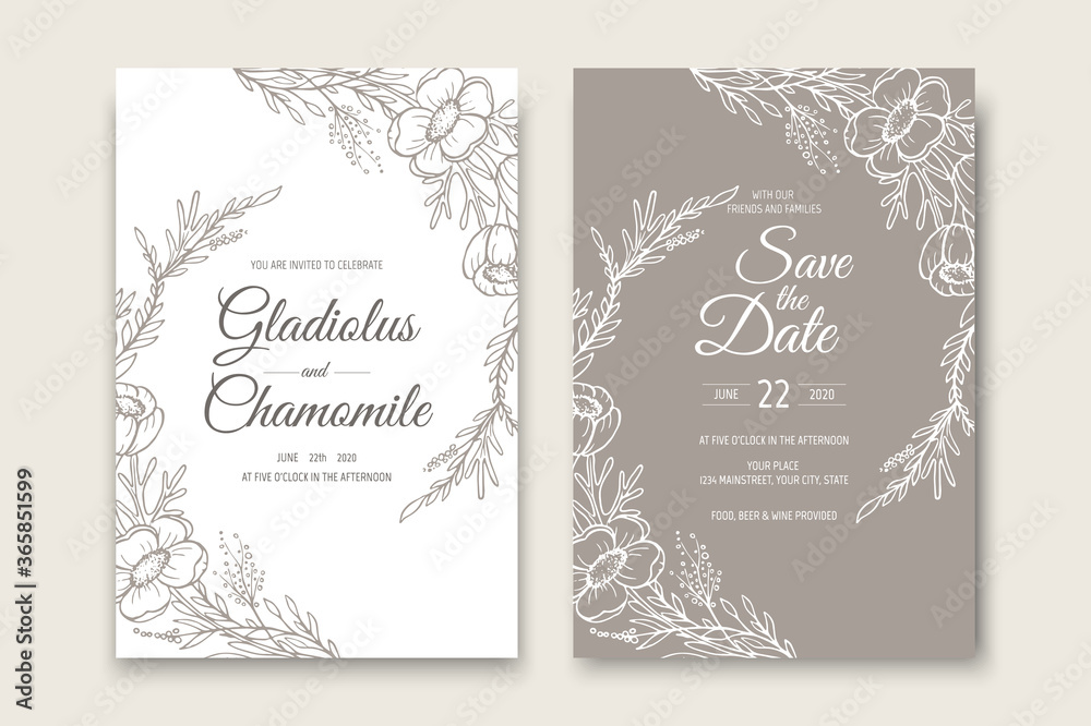 Wedding invitation card template design. Template, Frame with Flowers, Branches, Plants.