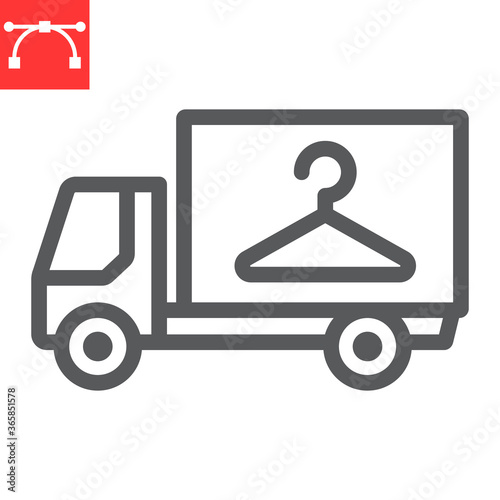 Laundry service delivery line icon, dry cleaning and vehicle, truck sign vector graphics, editable stroke linear icon, eps 10.