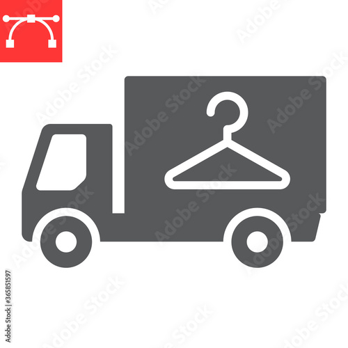 Laundry service delivery glyph icon, dry cleaning and vehicle, truck sign vector graphics, editable stroke solid icon, eps 10.