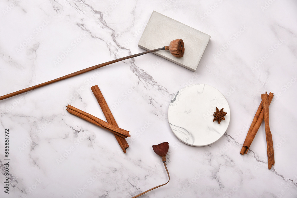 Product display flat lay for mock up presentation, White marble background use for skincare or cosmetics, Prop stand show sale products. Product display flat lay for mock up presentation, White marble background use for skincare or cosmetics, Prop stand show sale products.