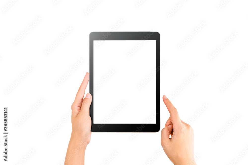 Technology Concept. Hands using a mock up black Tablet and use finger to point at the screen on white background and clipping path Technology Concept. Hands using a mock up black Tablet and use finger to point at the screen on white background and clipping path