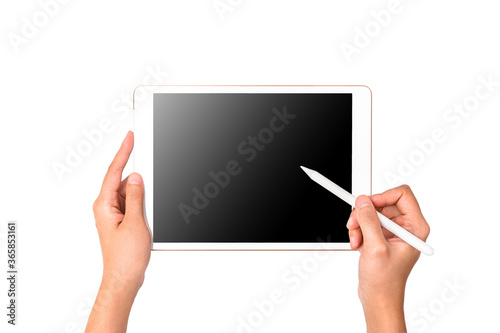 Technology Concept. Hands using Tablet with a digital pencil on white background and clipping path of screen and hand holding tablet.