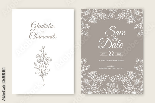 Wedding invitation card template design. Template, Frame with Flowers, Branches, Plants. © Anastasiya 