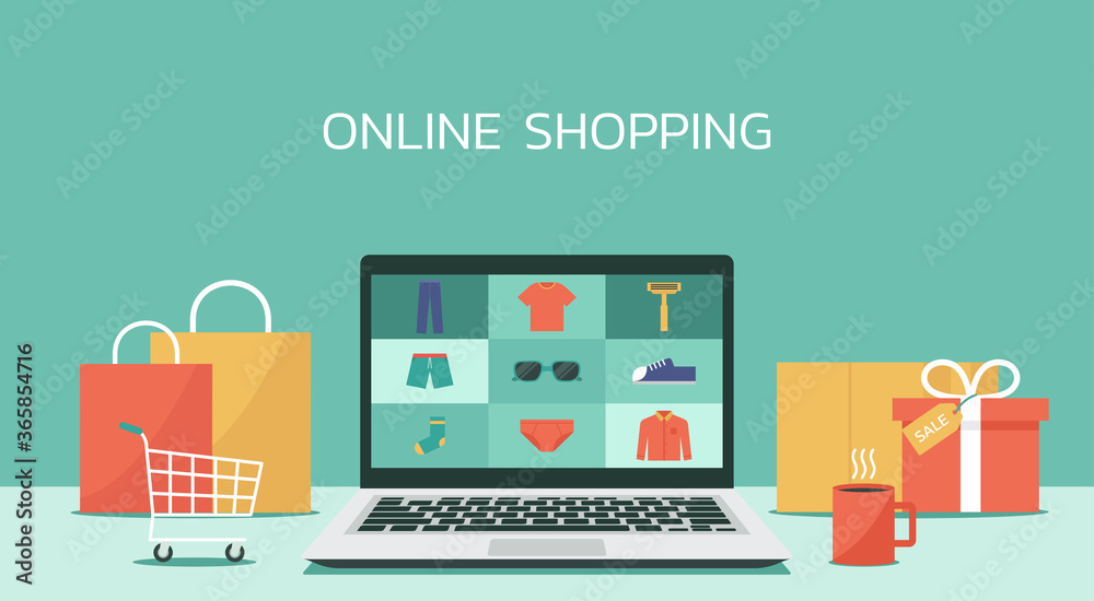 online shopping laptop concept, men fashion products from e-shop or digital store, vector flat graphic illustration - obrazy, fototapety, plakaty 